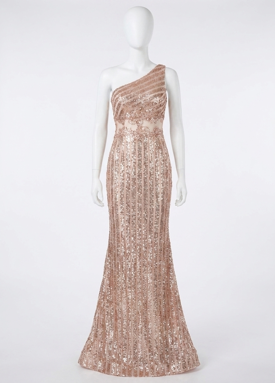 NEW RACHEL ALLAN one shoulder sequin jersey prom gown with beaded applique in ro